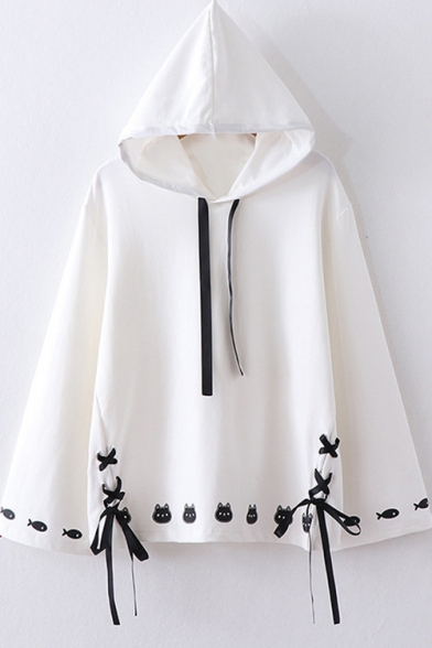 Trendy Long Flared Sleeve Cat Printed Lace Up Front Casual Loose Pullover Hoodie