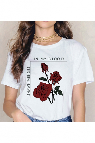 Trendy Summer Floral Letter IN MY BLOOD Printed Round Neck Short Sleeve White Tee