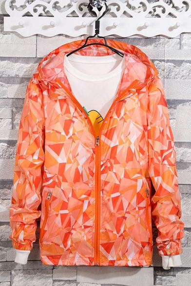 Unique Geometric Printed Long Sleeve Hooded Zip Placket Sun Protection Coat