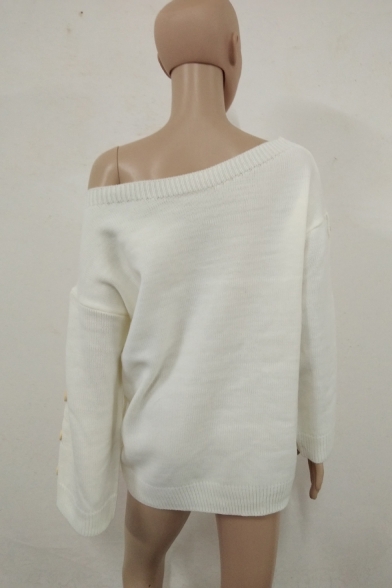 Unique White Plain One Shoulder Button Flared Sleeve Sweater for Women