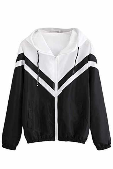 Women's Color Block Chevron Stripe Drawstring Hooded Zip Up Sport Jacket