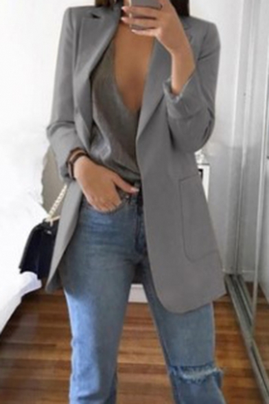 Women's Elegant Lapel Collar Open Front Long Blazer with Pocket