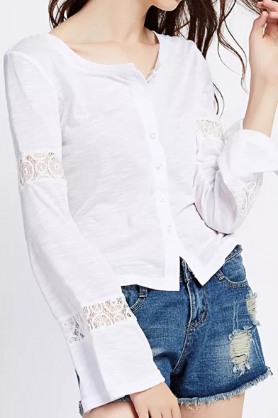 Women's Fashionable Lace-Trimmed Long Sleeve V-Neck Loose Fit Linen White Button Blouse