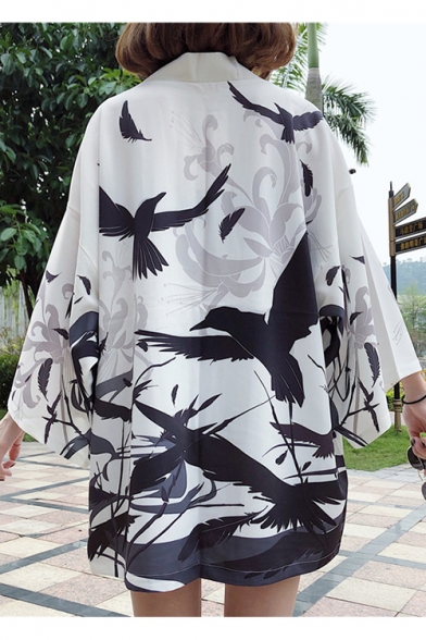 Women's Flying Crane Printed Half Sleeve Open Front Japanese Style Cardigan Kimono Haori Jacket Coat