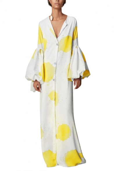 Women's Hot Fashion V-Neck Long Sleeve Printed Button-Front Loose A Casual Maxi Shift Yellow Dress