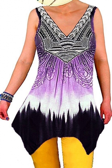 Women's Hot Fashion V Neck Sleeveless Tribal Print Asymmetric Hem Tank Top