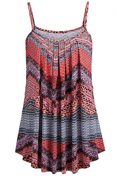 Women's Summer New Trendy Straps Sleeveless Tribal Print Pleated Sexy Leisure Cami Top