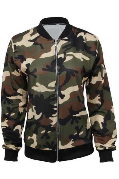 Womens Autumn New Fashion Camo Printed Stand Collar Long Sleeve Slim Fitted Zip Up Jacket