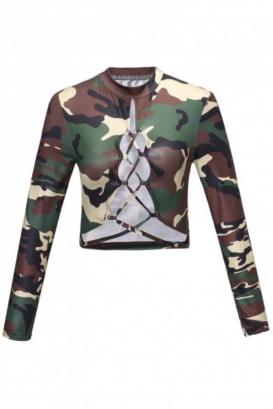 Womens Camouflage Print Front Tie Long Sleeve Round Neck Skinny Tee Stretch Skirt Co-ords