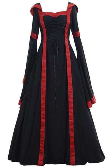 Womens Fashion Medieval Vintage Square Neck Extra Long Sleeve Lace-Up Front Floor Length Swing Dress