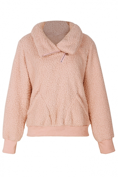 Womens Hot Fashion Plain Zipper Turn-Down Collar Fluffy Fleece Teddy Sweatshirt