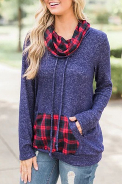 Womens Hot Popular Pile Heap Collar Long Sleeve Check Print Patchwork Pullover Sweatshirt