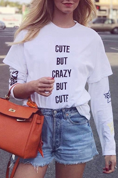 Womens Hot Stylish Round Neck Short Sleeve CUTE BUT CRAZY Letter Printed Loose T-Shirt