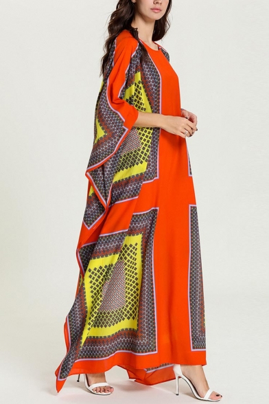 Womens New Fashion Round Neck Batwing Sleeve Geometric Pattern Loose Shift Asymmetrical Maxi Dress