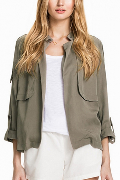 Womens New Fashion Simple Plain Grey Long Sleeve Short Thin Jacket