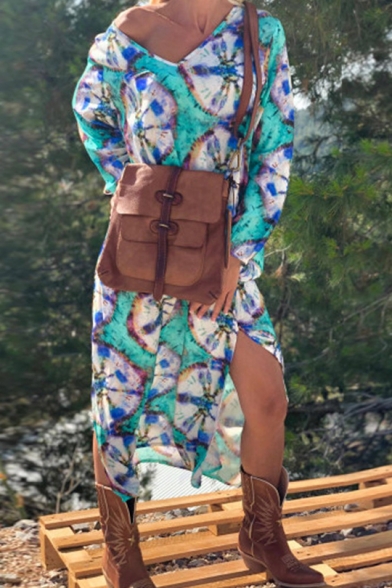Womens New Fashion V-Neck Long Sleeve Floral Print Slit Loose Shift Maxi Dress