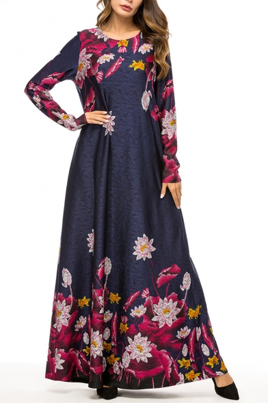 Womens New Stylish Round Neck Long Sleeve Floral Print Knit Navy Pleated Swing Maxi Dress