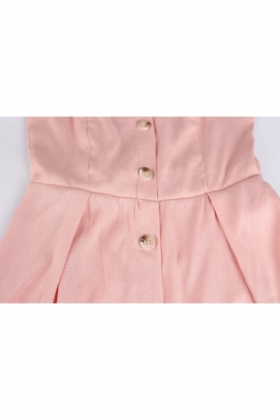 Womens Plain Sleeveless Button Front Asymmetrical Strap Dress
