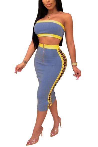Womens Sexy Blue Patchwork Sleeveless Strapless Bandeau Top with Zipper Fly Maxi Skirt Bandage Sides Co-ords