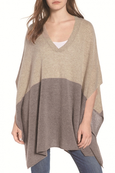 Womens Simple Grey Colorblock V-Neck Batwing Sleeve Casual Loose Poncho Sweater