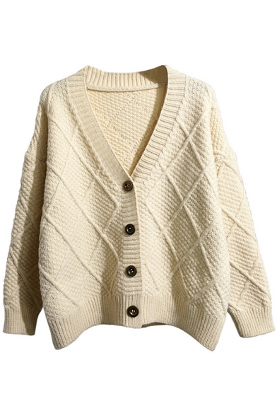 Womens Simple V Neck Long Sleeve Plain Plaid Crochet Single Button Cardigan
