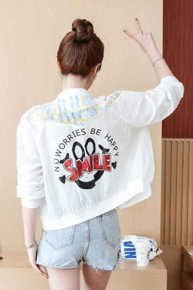 Womens Stylish Cartoon Letter Smile Face Printed Stand Collar Long Sleeve Zip Up Crop Jacket