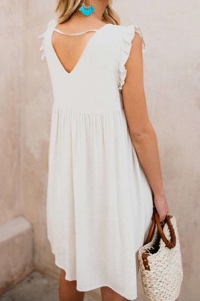 Womens Summer Holiday V-Neck Sleeveless Mini White Swing Dress