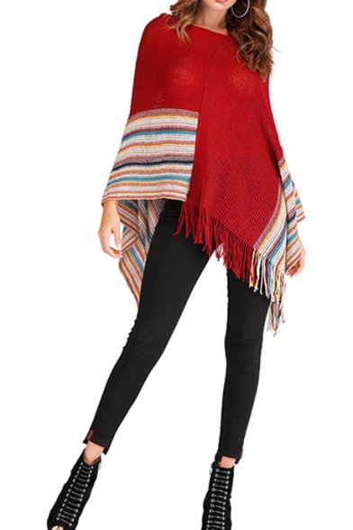 Womens Vintage Style Stripes Print Tassel Hem Ribbed Knit Cape Sweater