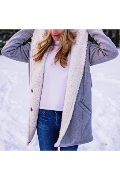 Womens Winter New Fashion Grey Hooded Long Sleeve Button Down Longline Fur Coat