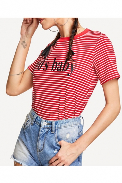 90's Baby Letter Red Striped Round Neck Short Sleeve Fashion Tee