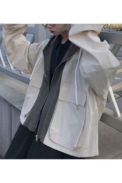 Big Flap Pocket Colorblocked Drawstring Hooded Zipper Oversize Workwear Jacket Coat