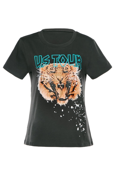 Black Round Neck Short Sleeve US TOUR Letter Tiger Printed Leisure T Shirt