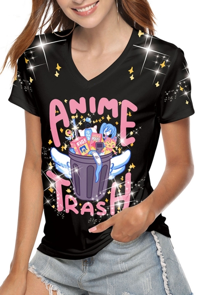 

Black V Neck Short Sleeve ANIME TRASH Letter Star Cartoon Figure Printed Chic T Shirt, LM552588