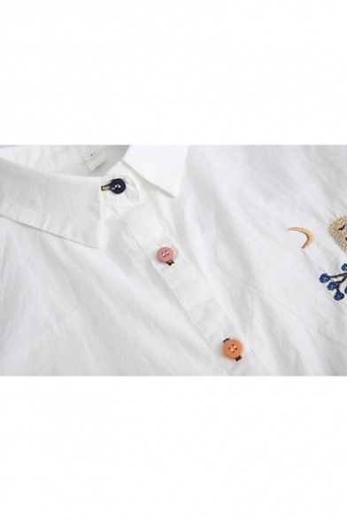 Chic Flower Embroidery Students Fashion Colorful Button Front Loose Fit Shirt