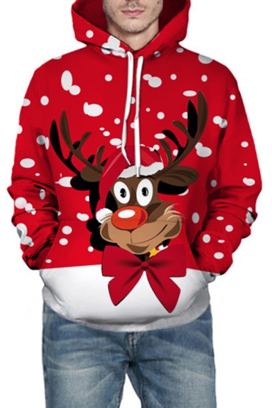 Christmas New Trendy Cute Moose 3D Printed Long Sleeve Unisex Red Drawstring Hoodie