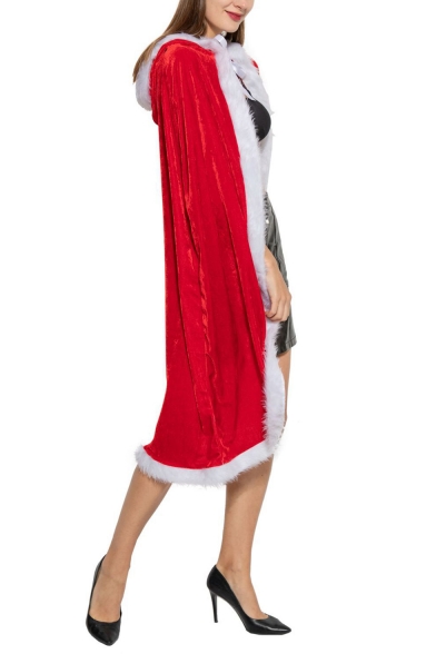 Christmas Theme Red Plain Pleuche Tied Hooded Mid-Length Cloak Cape