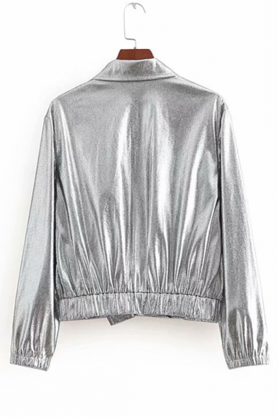 Cool Silver Metallic Lapel Collar Long Sleeve Zip Up Cropped Racer Jacket Coat