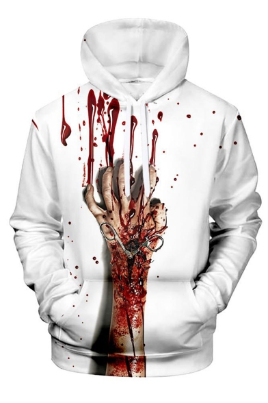 Creative Fashion Blood Hand 3D Printed Drawstring Hooded Long Sleeve Unisex White Casual Hoodie