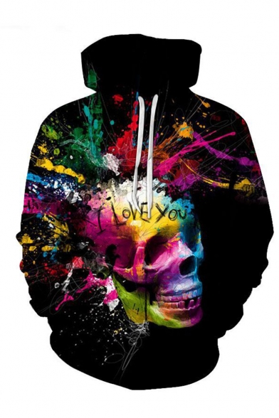 Creative Fashion Letter I LOVE YOU Skull Spray Paint 3D Printed Long Sleeve Loose Fit Black Drawstring Hoodie