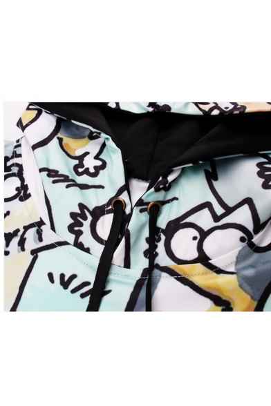 Cute Cartoon Cat All-Over Printed Light Green Long Sleeve Casual Pullover Hoodie