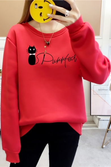 Cute Cat Letter Printed Round Neck Long Sleeve Pullover Sweatshirt