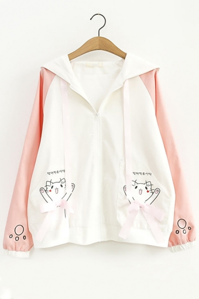 Cute Embroidery Cat with Bow Contrast Panel Long Sleeve Hooded Zip Up Coat Jacket