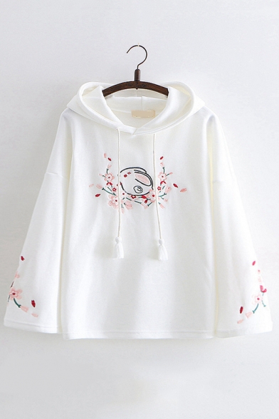 Cute Rabbit And Flower Embroidered Pocket Casual Loose Leisure Long Sleeve Cotton Hoodie