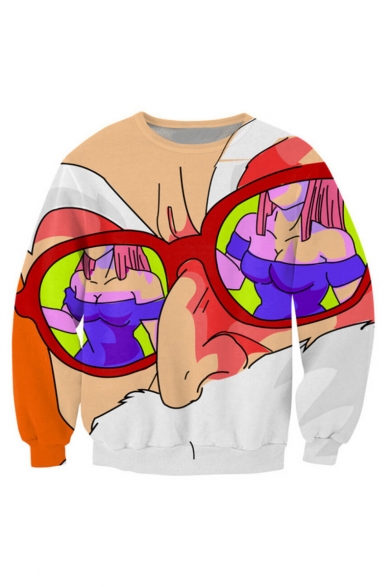 Comic Figure 3D Printed Round Neck Long Sleeve Orange Loose Pullover Sweatshirts