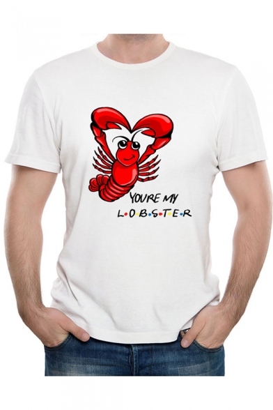 Fashion Cartoon Lobster Printed Round Neck Short Sleeve White Tee