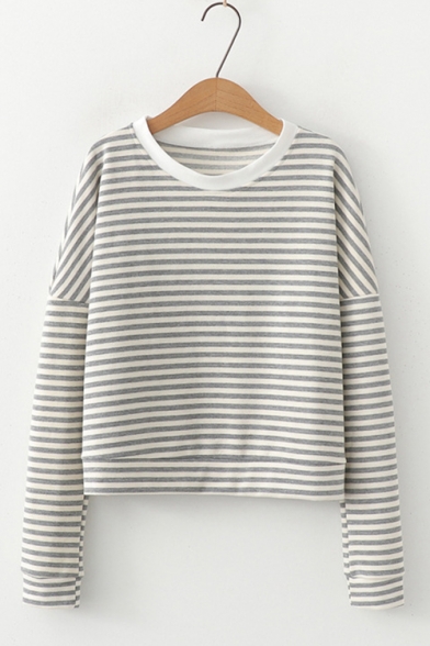 Fashion Grey Stripe Printed Round Neck Long Sleeve Loose Leisure T-Shirt