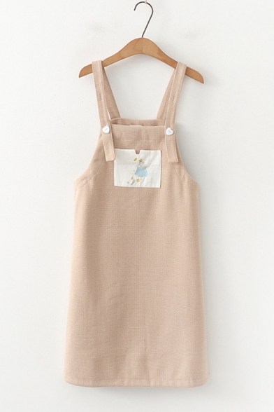 Girls Summer Cartoon Figure Embroidery Plaid Printed Corduroy Mini Overall Dress