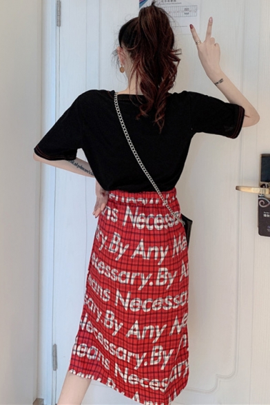 Girls Summer Fashion Red Check Letter Printed Split Side Midi A-Line Skirt
