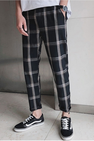 Guys New Fashion Check Pattern Trendy Casual Tapered Pants