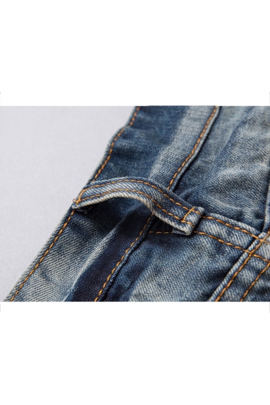 Guys New Fashion Letter Badge Patched Vintage Blue Denim Washed Trendy Frayed Ripped Jeans